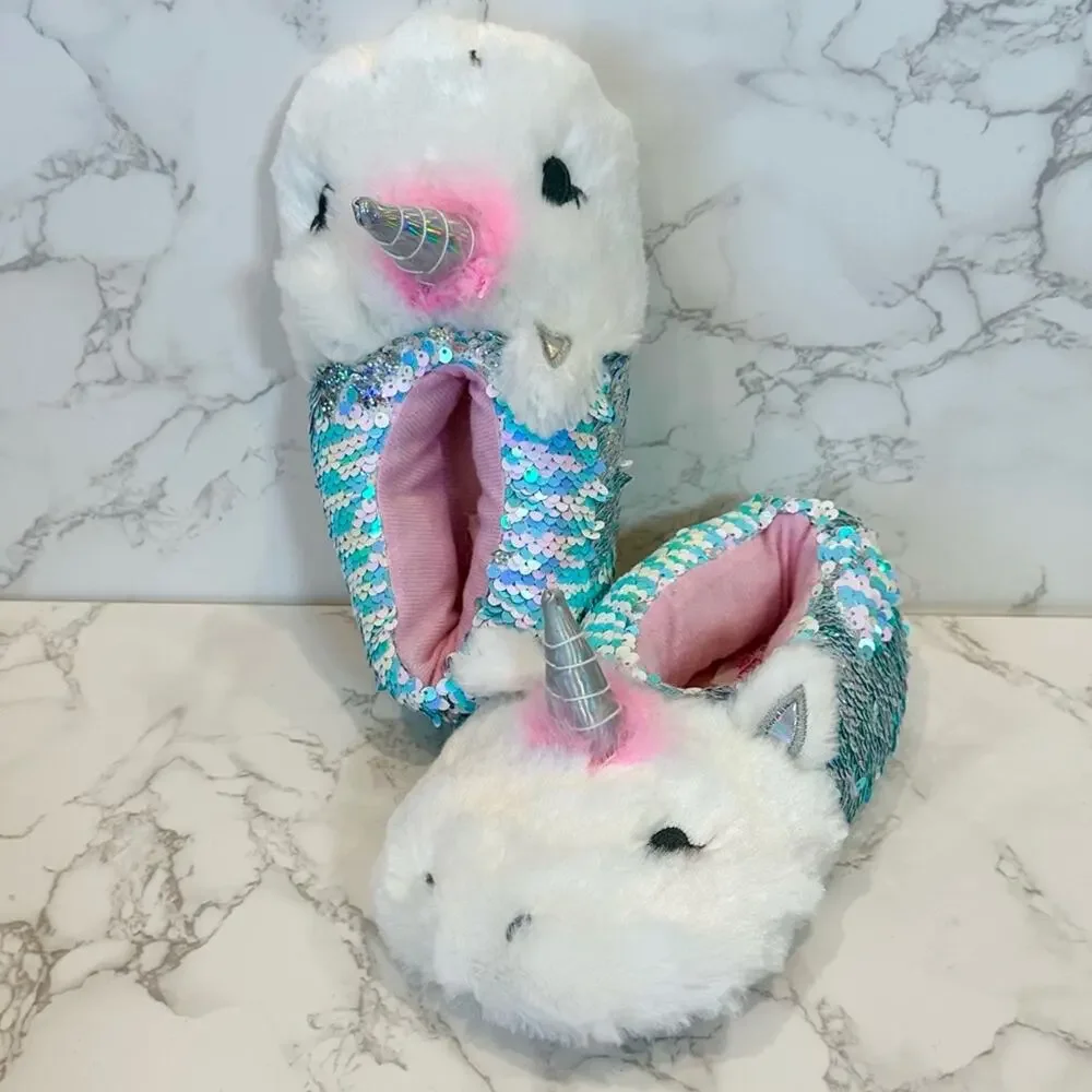 Capelli New York Little Girls Sequin Unicorn Slippers Size 1-2